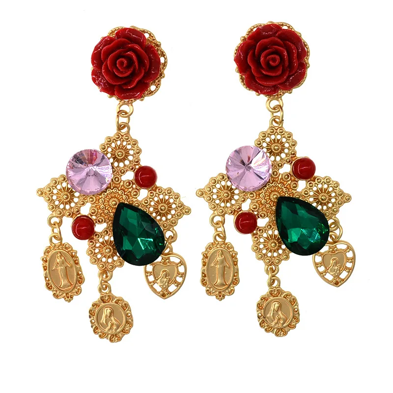 Vintage floral cross long earrings for women