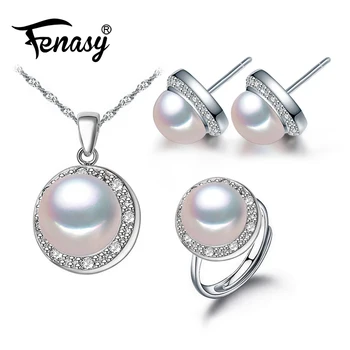 

FENASY Pearl Jewelry Pearl Pendant Necklace 925 Sterling Silver Stud Earrings For Women Round Ring Bridal Jewelry Sets