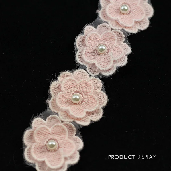 Beaded Pearl Rhinestones Pink Flower Lace Fabric Trimming Applique
