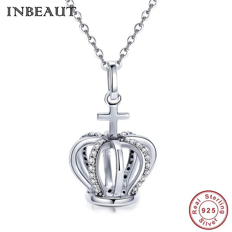 

INBEAUT 2018 Trendy 100% 925 Sterling Silver Fantasy Cross Queen Crown Beads Pendant Necklaces Authentic S925 Neck Jewelry Women