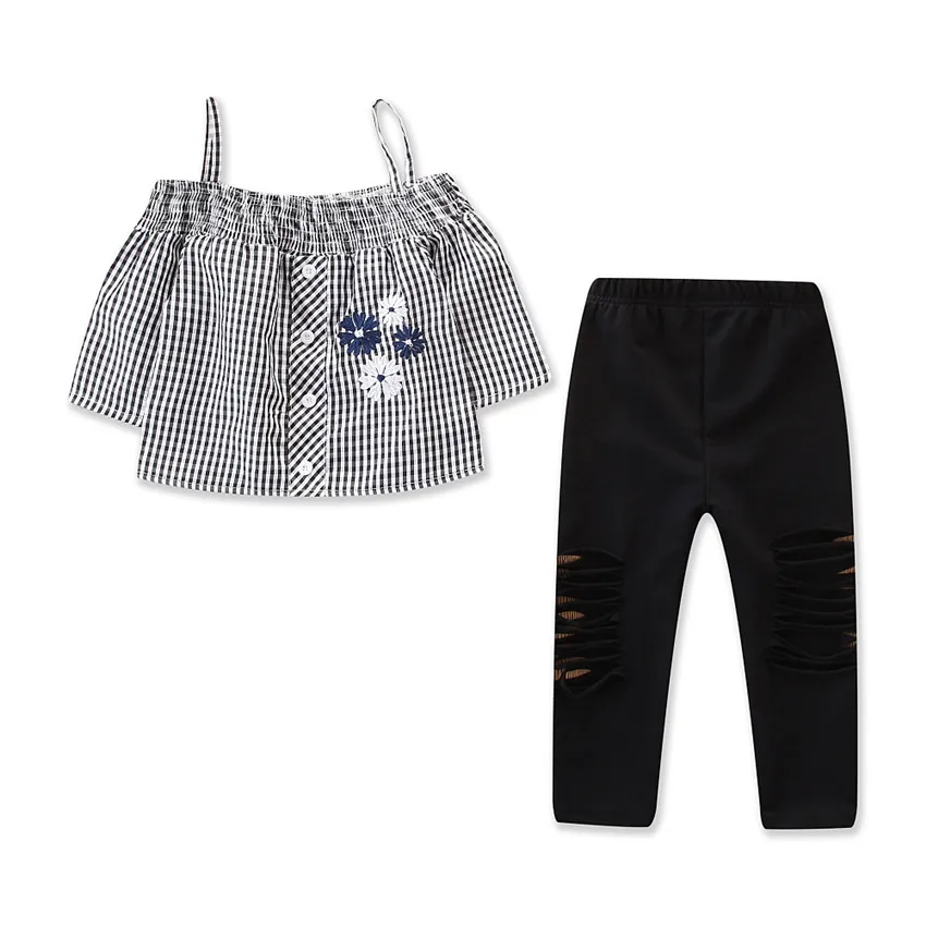 

Toddler Infant Kids Baby Girl Off Shoulder Floral shirt Long Sleeve Blouse Tops Hole Pants Leggings Outfits Set 2019