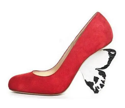

Hot Sale Women Solid Color Flock Leather Sexy Butterfly Heels Pumps Fashion Round Toe Strange Heel Women Party Bride Dress Shoes