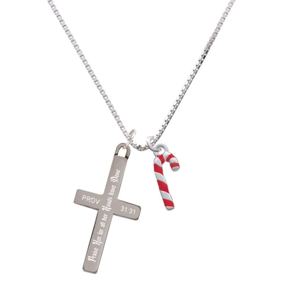 3-D Red and Candy Cane - Praise Her - Cross Necklace