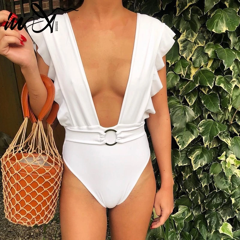 

In-X V-neck one piece swimsuit Ruffles sexy bikini 2019 Vintage swimwear women bodysuit Pink bathing suit Swimming suit Beach