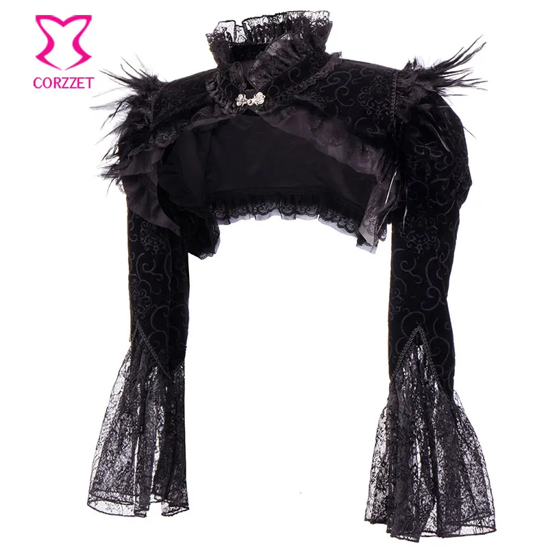 Черные фланелевые перья, одна кнопка, воротник-стойка, кружево, расклешенный рукав, короткое винтажное пальто в стиле стимпанк, Готическая викторианская куртка для женщин