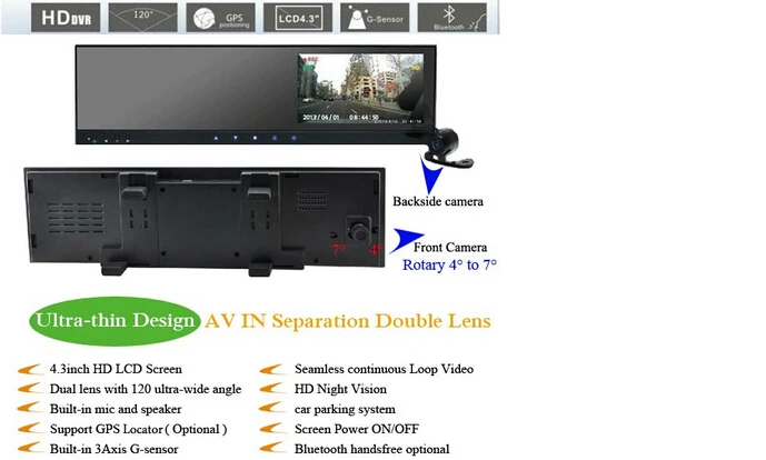 4," зеркало заднего вида gps bluetooth HD gps автомобильный локатор 4,3 зеркало заднего вида dvr Ультра тонкое w сенсорная кнопка беспроводная камера двойная