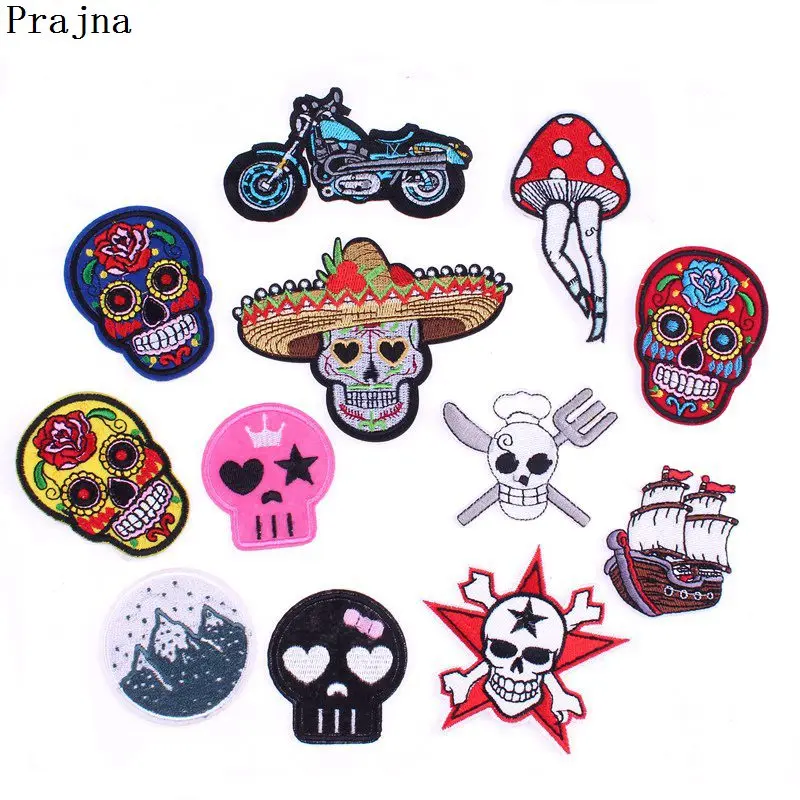 

Prajna Custom Punk Rock Skull Patch Biker Letter Iron On Flower Patches Motorcycle Embroidered Patches For Clothes Jacket Fabric