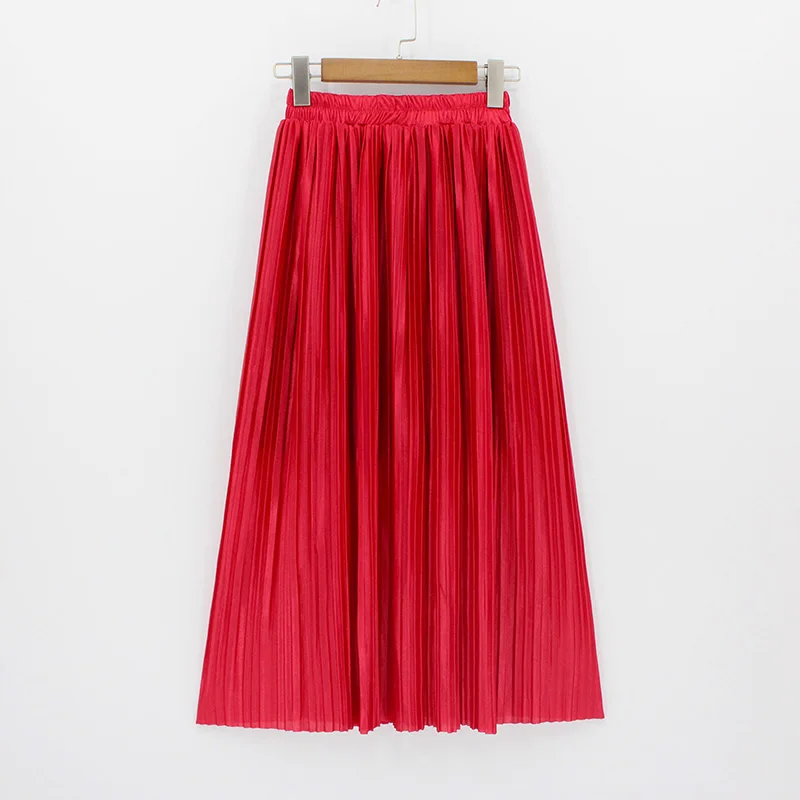 Повседневная плиссированная юбка Макси Длинная женская юбка до середины икры пляжная металлическая винтажная Высокая талия Юбки-миди Midiskirt Лаванда - Цвет: Red