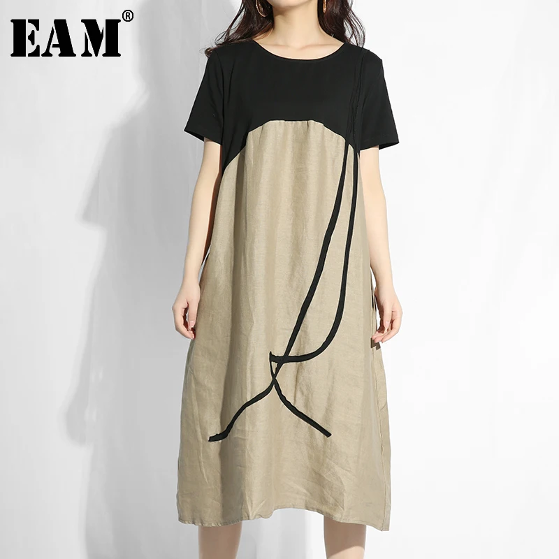 

[EAM] 2019 New Spring Summer Round Neck Short Sleeve Hit Color Pattern Printed Loose Big Size Dress Women Fashion Tide YC94204
