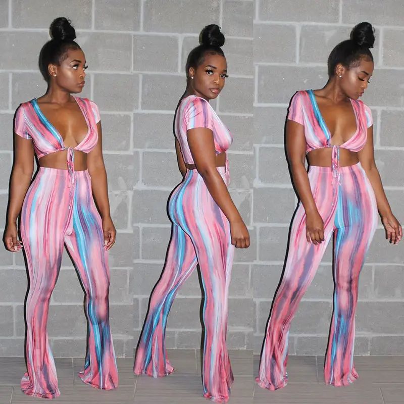 

2019 Sexy Bandage Top And Pants Two Pieces Set Women Tie Dye V Neck Bow Club 2 Piece Set Women Outfits