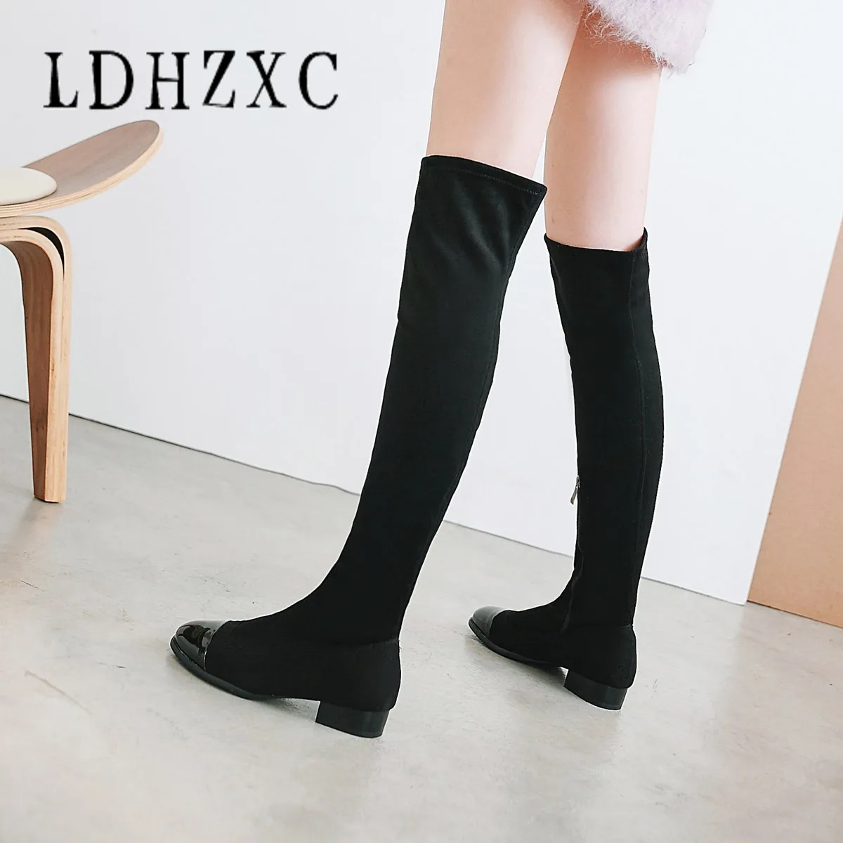 

LDHZXC 2019 Over The Knee Boots Square Low Heel Women Boots Sexy Ladies Stretch Fabric Fashion Boots Shoes Size 47 48