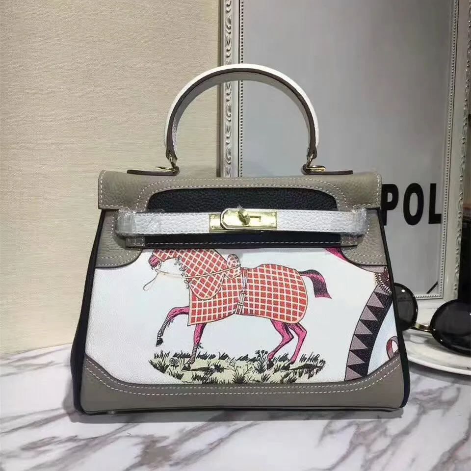 

Luxury Paris France Brand Women Genuine Cow Leather Handbag Horse Print Graffiti Platinum Bag Famous Designer Locks Shoulder Bag