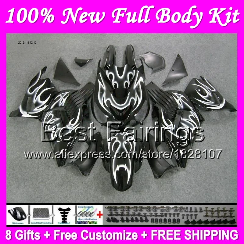 

White flames Fairing For KAWASAKI NINJA ZX14R 12-14 ZX-14R B011 ZX 14R 12 13 14 ZX14 R 2012 2013 2014 ZX 14 R +Decal white black