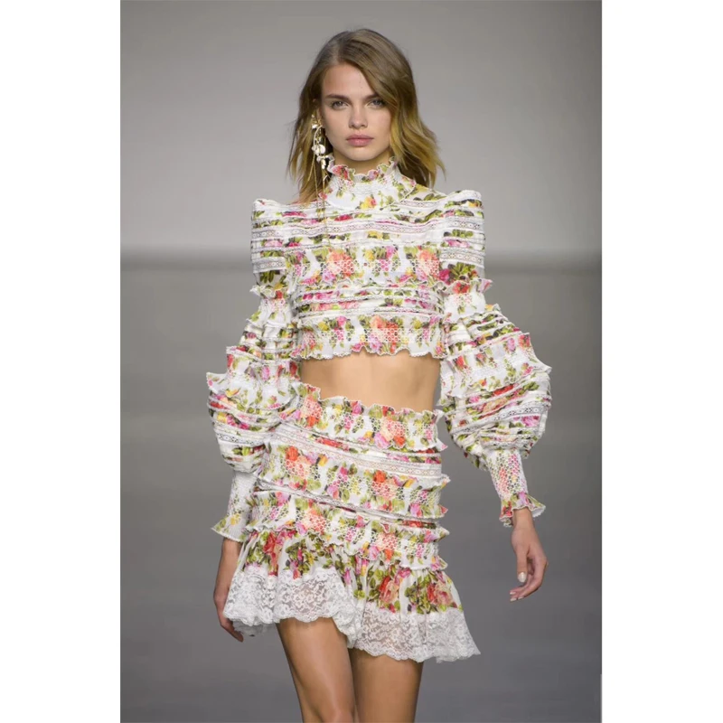

2018 Luxury Brand Runway Designer Puff Blouse Mini Skirt Shivering Midriff Women Two Piece Sets Holiday Party Travel Woman Set