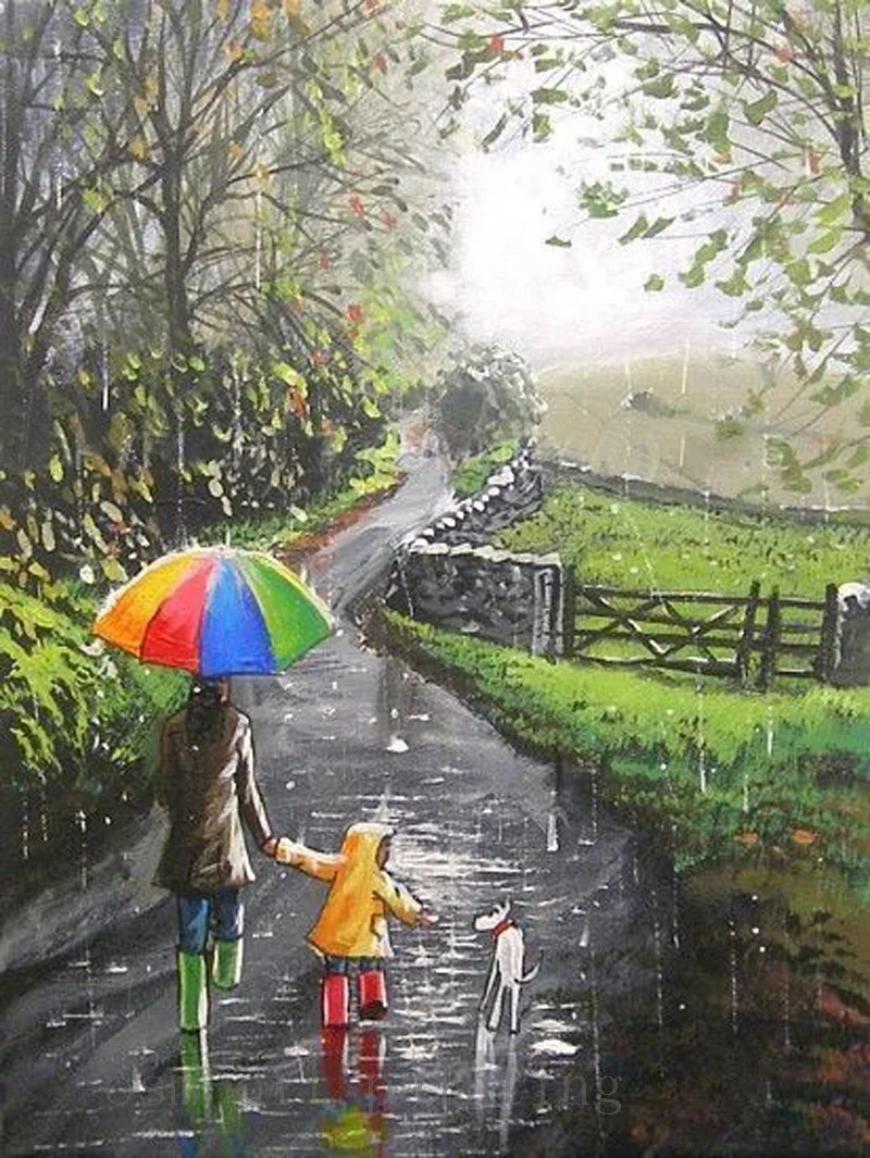 

Handmade Abstract Fine Art Oil Acrylic Painting Dog Raindrops Down the Lane Mam Kid Landscape Wall Decorrative Canvas Paintings