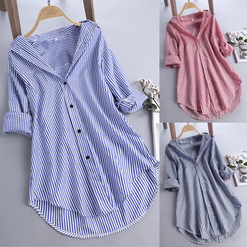 

feitong womens tops and blouses Stripe Long Sleeve Blouse Turn-down Collar Shirts Button Loose Top Top Plus Size Tunic Blouse7&2
