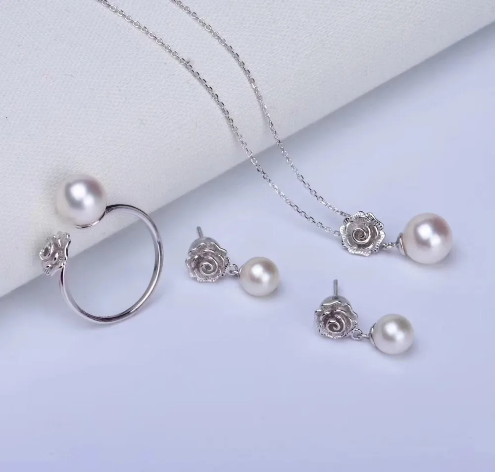 Goedkoop 925 Sterling Silver Pearl Party Ketting Oorbellen Ring Set Bevindingen Prachtige Sieraden Set Onderdelen Fittings vrouwen Accessoires