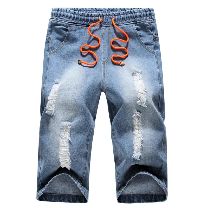Мужские летние Стрейчевые легкие джинсы эластичный пояс роговые джинсы шорты мужские шорты однотонная джинсовая Повседневная шорты