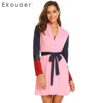 

Ekouaer Women Sleepwear Robe Long Sleeve Pockets Patchwork Lace Contrast Color Kimono Bathrobe Spa Robes Female Nightwear