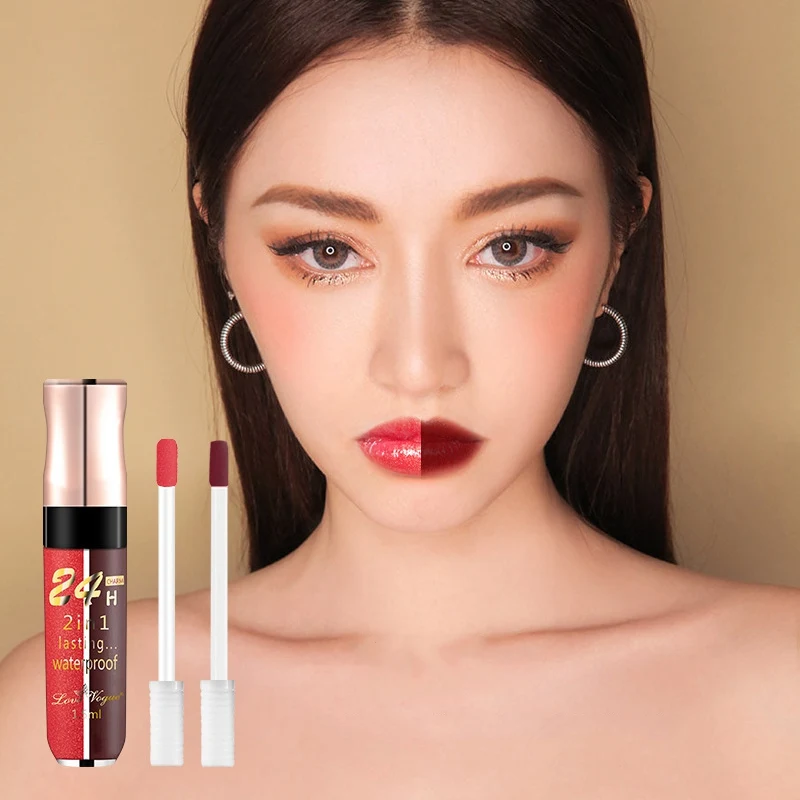 

2 colors Non-stick Cup Matte Lip Gloss 2-in-1 Shiny Easy To Color Lip Glaze Lipstick Natural Cosmetic Tool