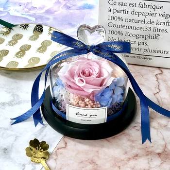 

Brazilian Teacher's Day Gift Real Rose Dried Flowers Christmas Ornament Romantic Valentines Day Roses in Glass Dome With Lighted