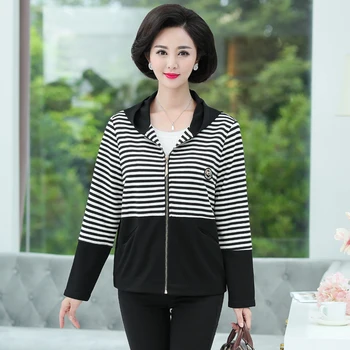 

Casual Loose Stripe Hooded Jackets And Coats For Woman Plus Size Middle Old Age Mother Clothes Zipper Autumn New Outwear Top