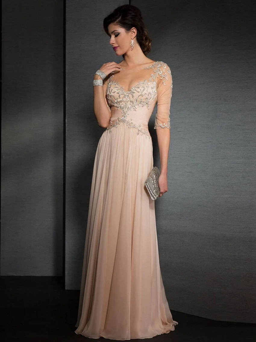 Vintage Crystal Chiffon Half Sleeve Long Elegant Prom Dresses 2015 for