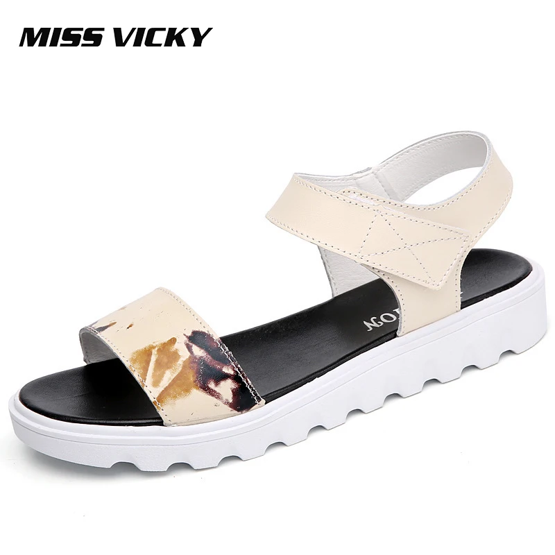 

MISS VICKY2019 Summer New Women's Sandals Hook & Loop Leather Flat Casual Women's Sandals