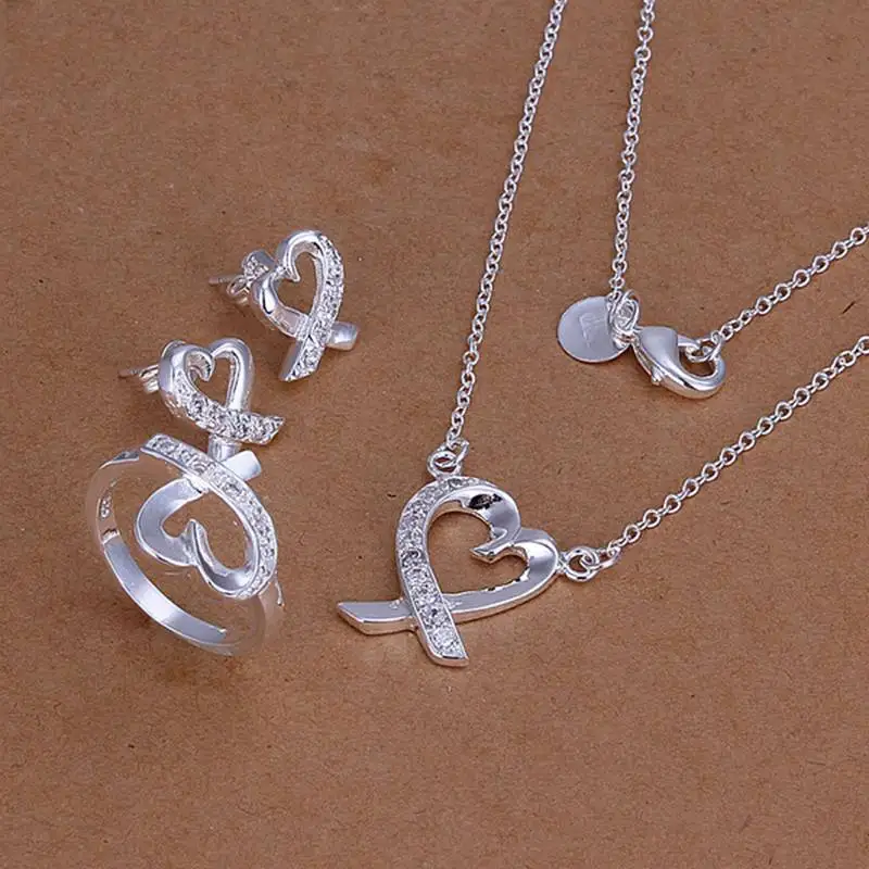

Lose Money Promotions! 925 jewelry silver plated set, fashion jewelry set Inlaid Heart Ring Earrings Necklace Jewelry SS204