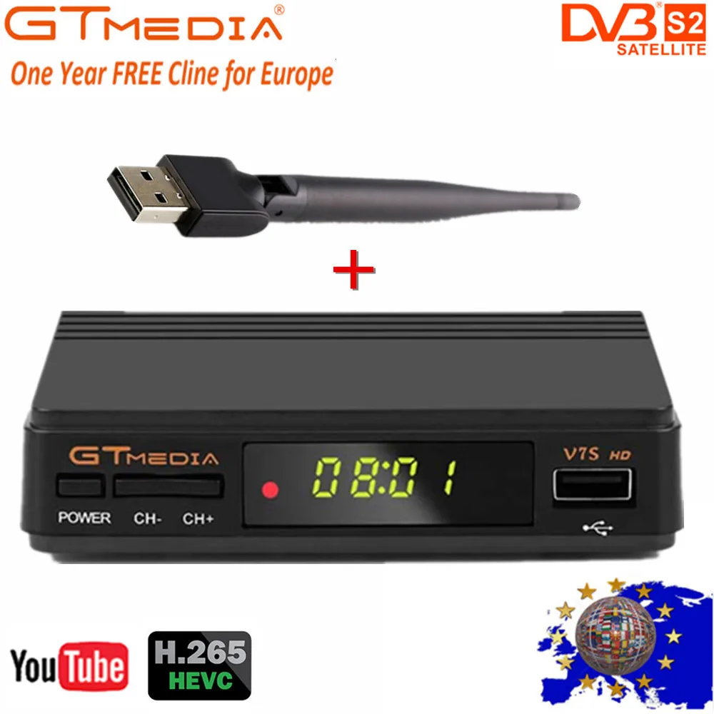 

GT Media FTA DVB-S2 Satellite TV Receiver V7S HD 1080P support YouTube PowerVu with usb wifi +1 Year Cccam lines from Freesat v7