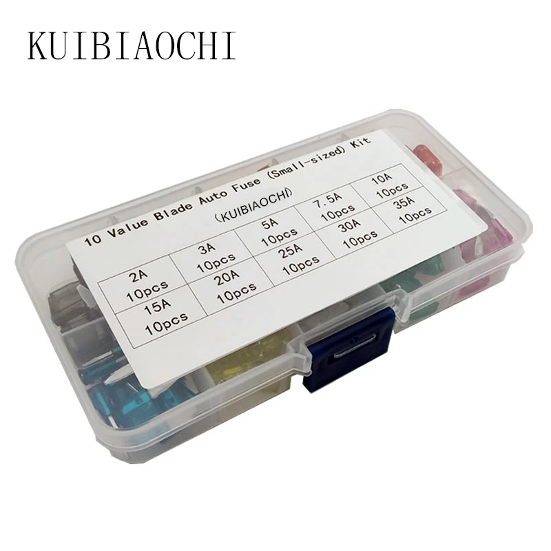 

100pcs/lot Mini Auto Fuse 10 Value Car Fuse Blade Kit Assortment with Box 2A 3A 5A 7.5A 10A 15A 20A 25A 30A 35A