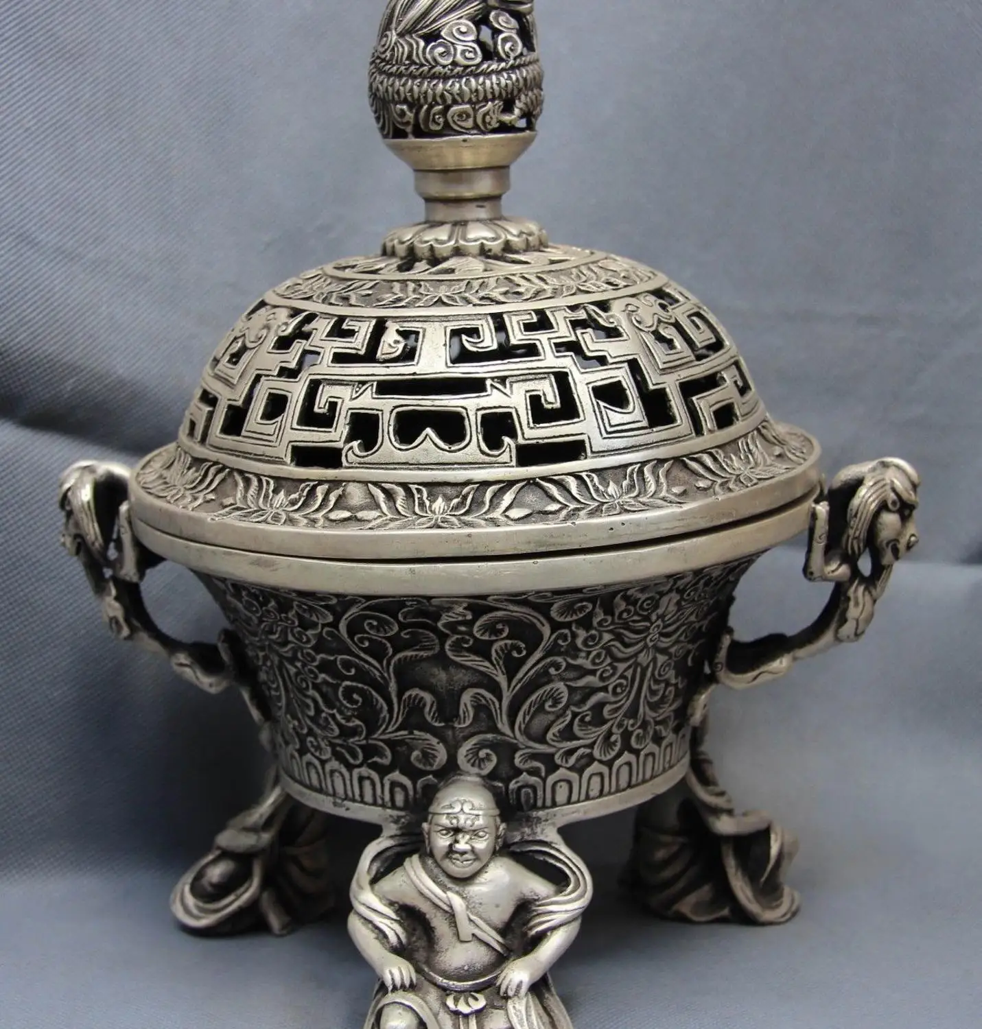 

White Copper Silver Buddhism three Heavenly Kings Dragon Censer incense burner