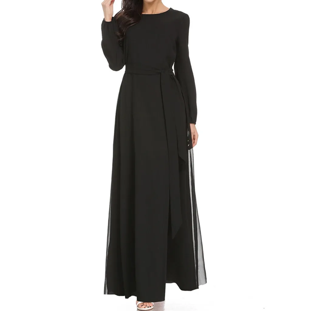 Модное мусульманское платье, макси платье, рукав-труба, абайя, длинный халат, платья, туника, пояс, однотонный цвет, Повседневное платье-кафтан с длинным рукавом