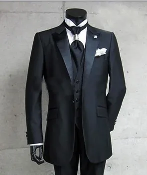 

2020 One Button Black Groom Tuxedos Peak Satin Lapel Best man Groomsman Men Wedding Suits Bridegroom (Jacket+Pants+Vest)