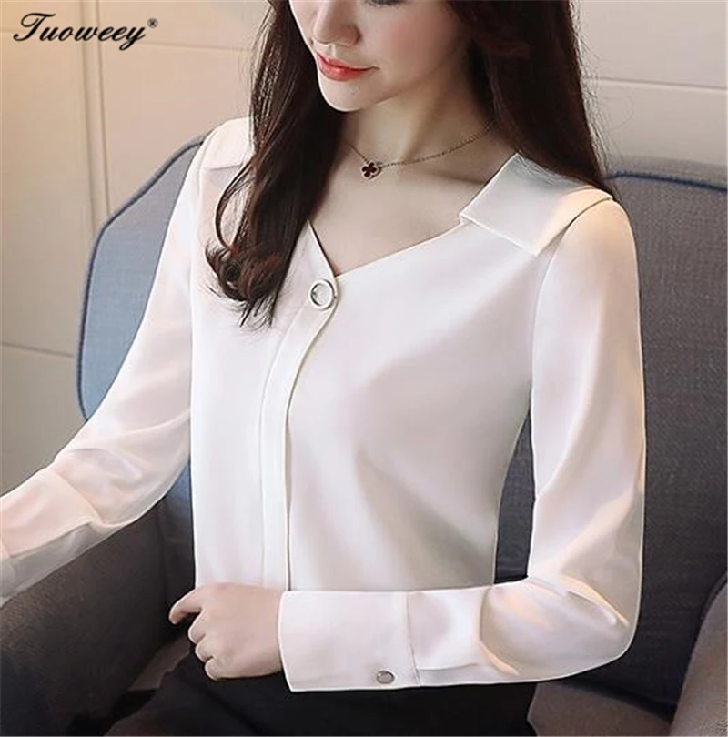 Women Chiffon Shirt Office Women Blouse Long Sleeve Blouse V-neck Button Chiffon Blouse Summer Top Chemisier Femme