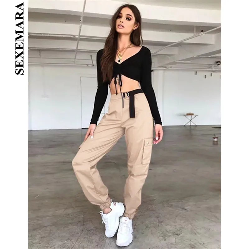 BOOFEENAA Belted Pocket High Waist Cargo Pants Joggers Women Streetwear