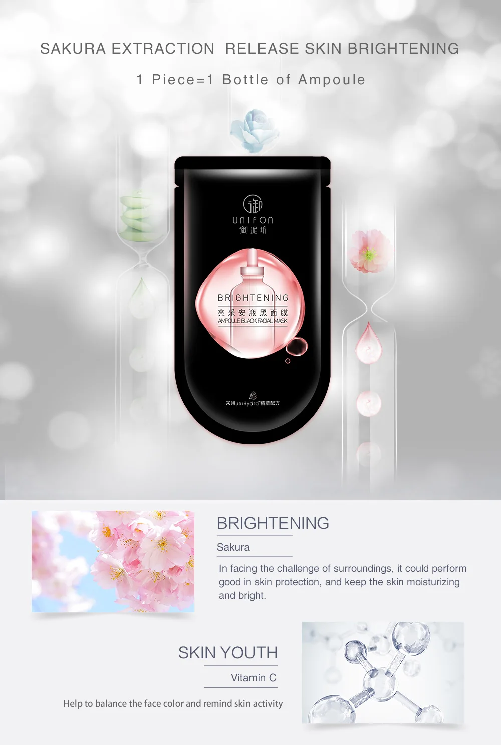 UNIFON сглаживания ампула черная маска для лица(торгов, увлажняющий, Brightening25ml* 7 шт.* 3 типа