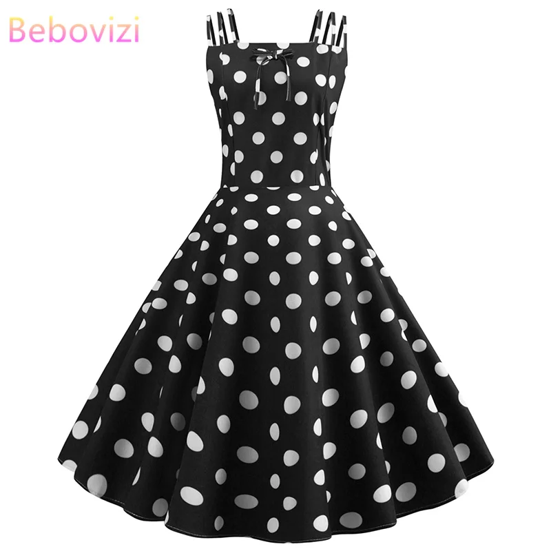

Bebovizi 2019 Summer New Fashion Women Black A-Line Plus Size Dress White Dots Print Casual Office Elegant Sexy Vintage Dresses