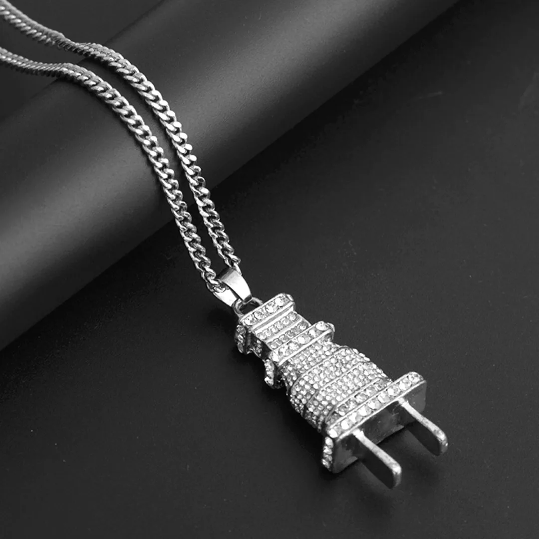 Shellhard Silver Gold Plug Shape Pendant Necklace Men Women Hip Hop Charm Chain collares Iced Out Crystal Jewelry