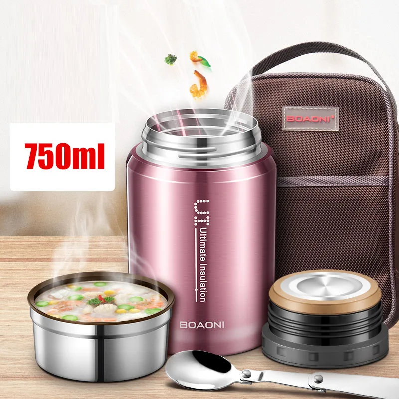 

BOAONI 750ml Thermos Food Jar Vacuum Insulated Stainless Steel Thermal Kitchen Lunch Box Keep Heat Containers With Folding Spoon