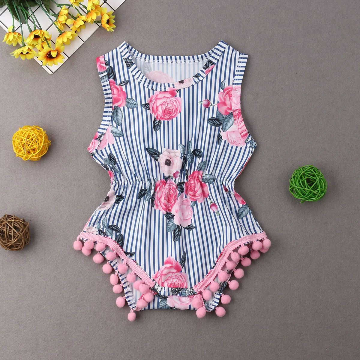 

2019 Newborn Toddler Infant Baby Girl Bodysuit Printed Floral Striped Short Sleeveless Summer Clothes Outfits