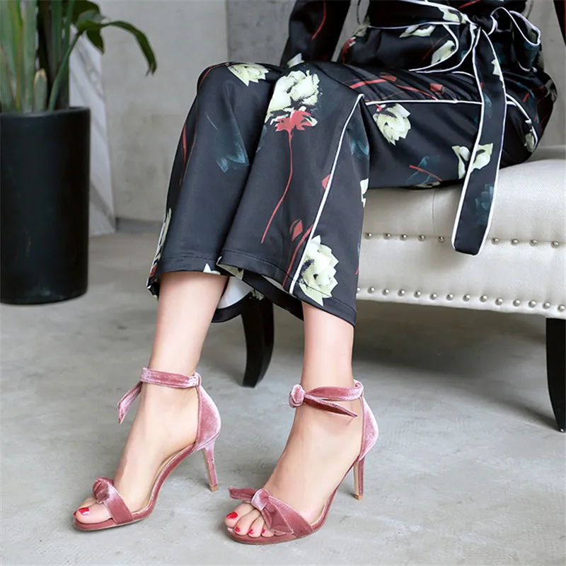 

2017 Summer New Bow Sandals Cover Heel Open Toe High-heeled Sandal Shoes Ladies Concise Velvet Sandals Party Sandalias Mujer