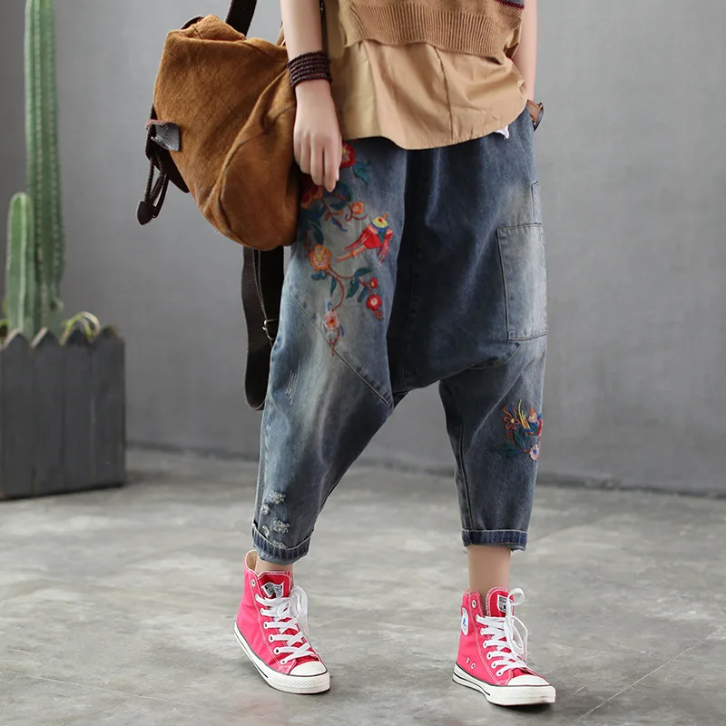 

Embroidered Cross jeans 2019 Women hip hop streetwear Baggy Harem jeans Boyfriend pants Wide Leg Drop Crotch Denim Bloomers
