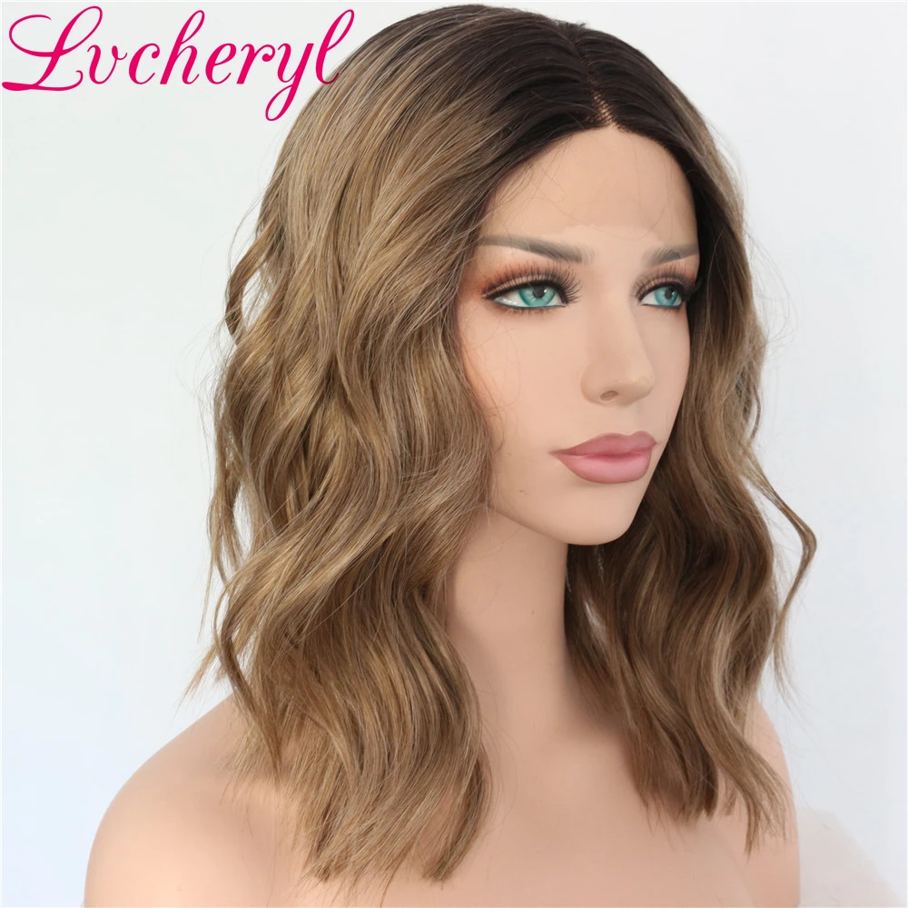 Lvcheryl темные корни Омбре парики для женщин короткие волнистые волосы коричневые парики термостойкие синтетические кружева передние парики