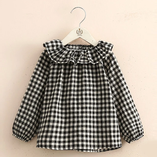 Buy Sweet baby girls blouse black white plaid kids shirt ruffles lace collar