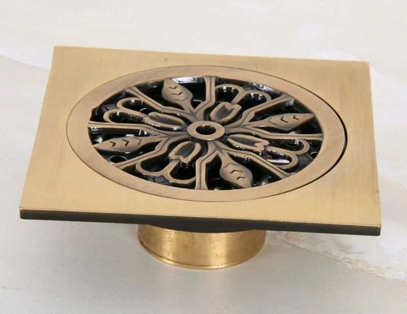 

Antique Brass Carved Flower Pattern Bathroom Shower Drain 4" Square Floor Drain Waste Grates ahr046