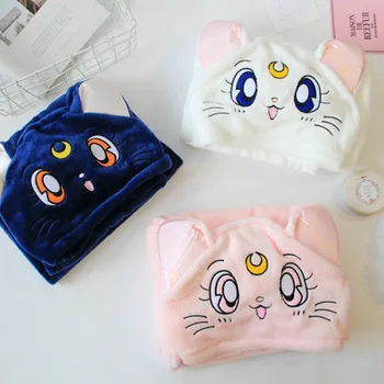 

3color Anime Sailor Moon Luna Cat Cartoon Plush Hooded Housewife Shawl Lunch Break Cape Warm Cloak Blanket Clothes Solid Color