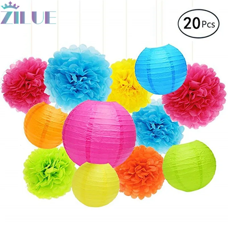 Zilue 20pcs/Set Happy Birthday Assorted Paper Flower Balls Colorful Lantern Set Hanging Pendant Supplies Decorations | Дом и сад