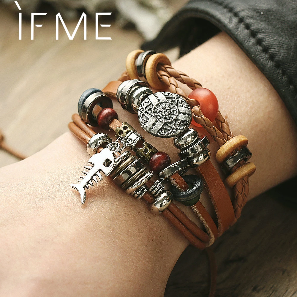 

IF ME Vintage Pendent Fish Leather Bracelet For Men Multiple Layer Beads Braided Bracelets Fashion Wristband Boyfriend Jewelry