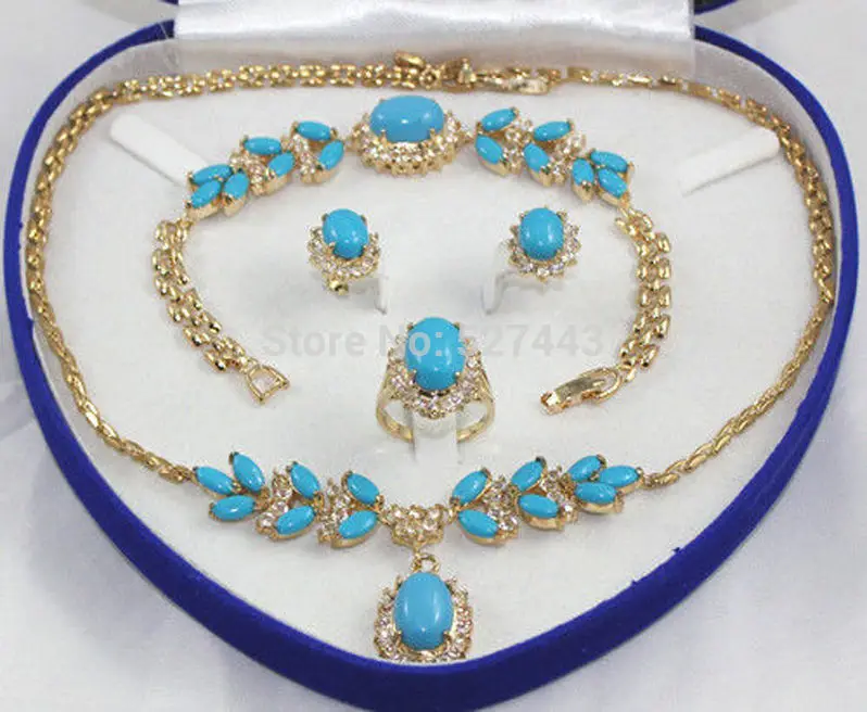 

FREE SHIPPING>>@> Wholesale JWEW6522 Bridal jewelry Turquoise jade 14K Gold-plated necklace earring ring8 bracelet Natural jewel